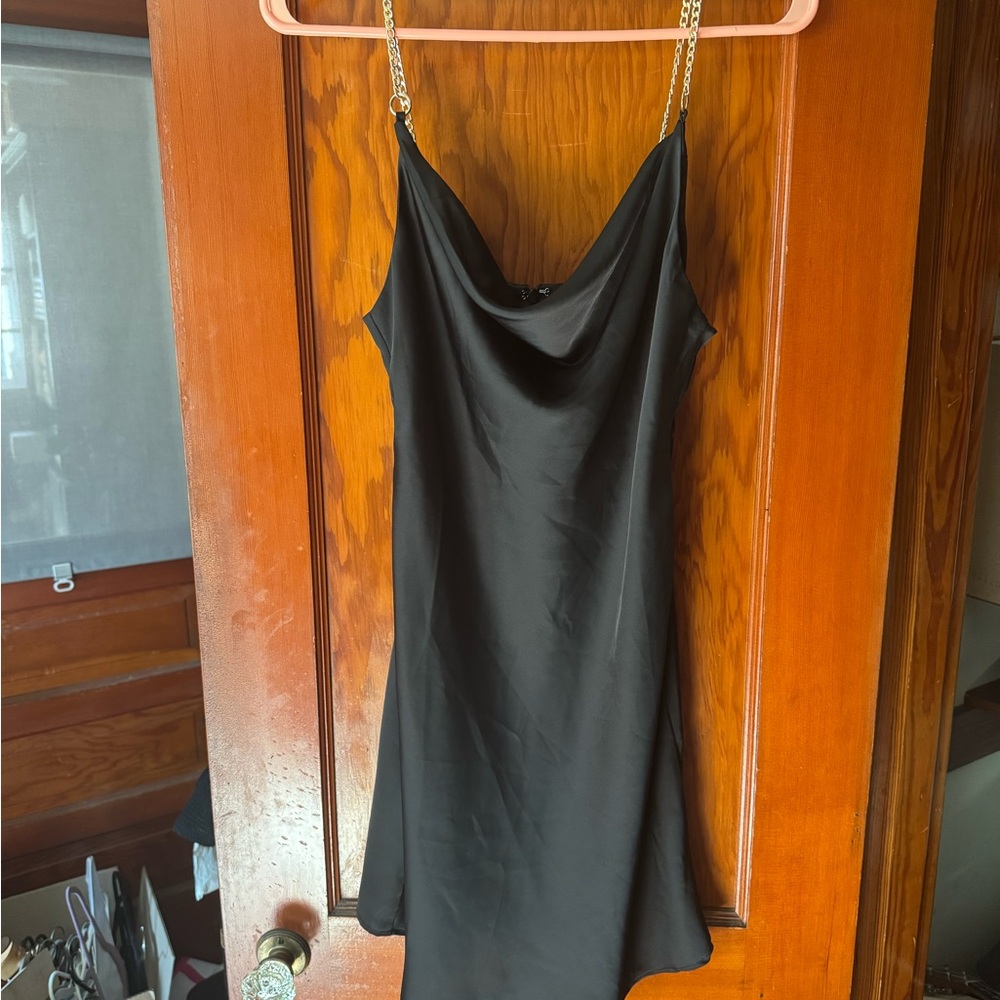 Urban Outfitters Black Cowl-Neck Slip Dress with Gold Chain Straps - Size S